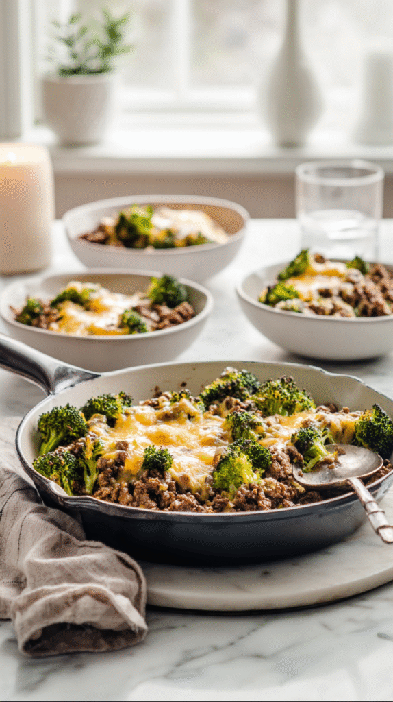 keto hamburger broccoli skillet served in bowls from skillet