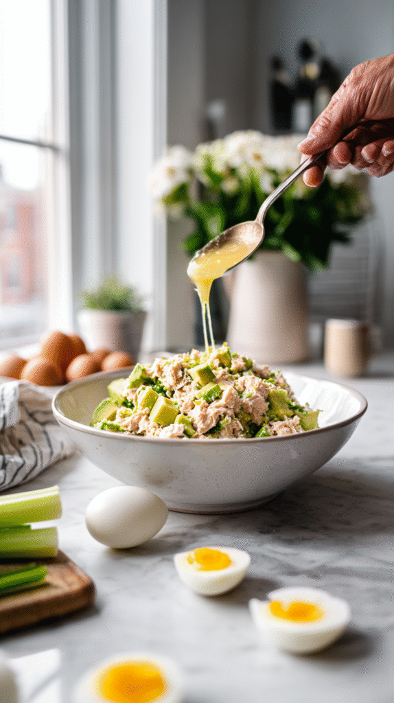 keto tuna salad preparation step draining tuna