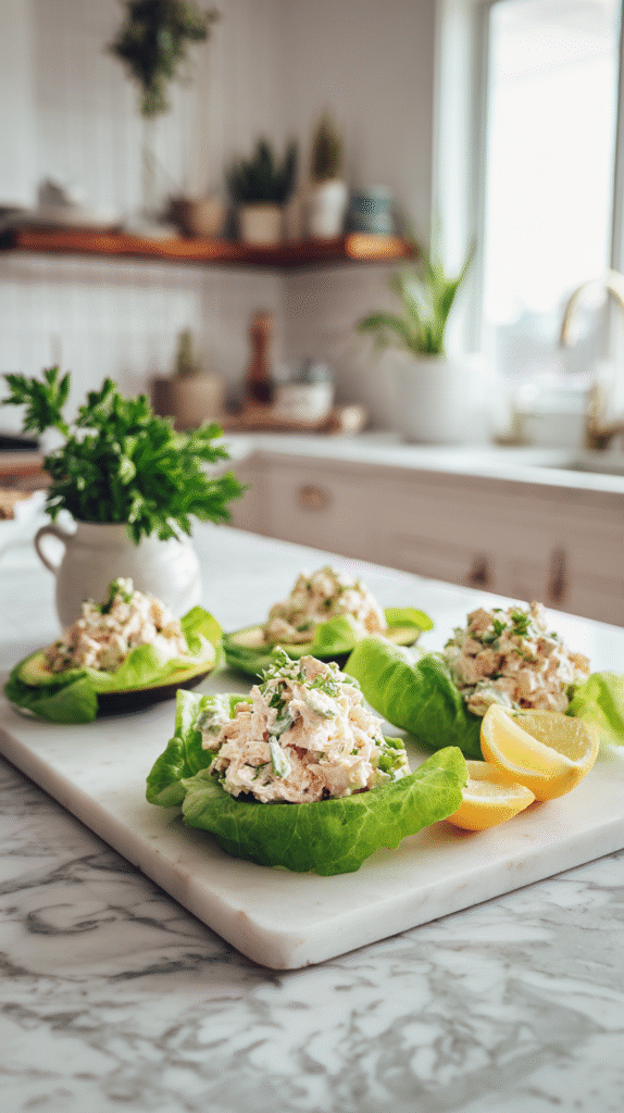 keto tuna salad served in lettuce wraps with lemon wedges