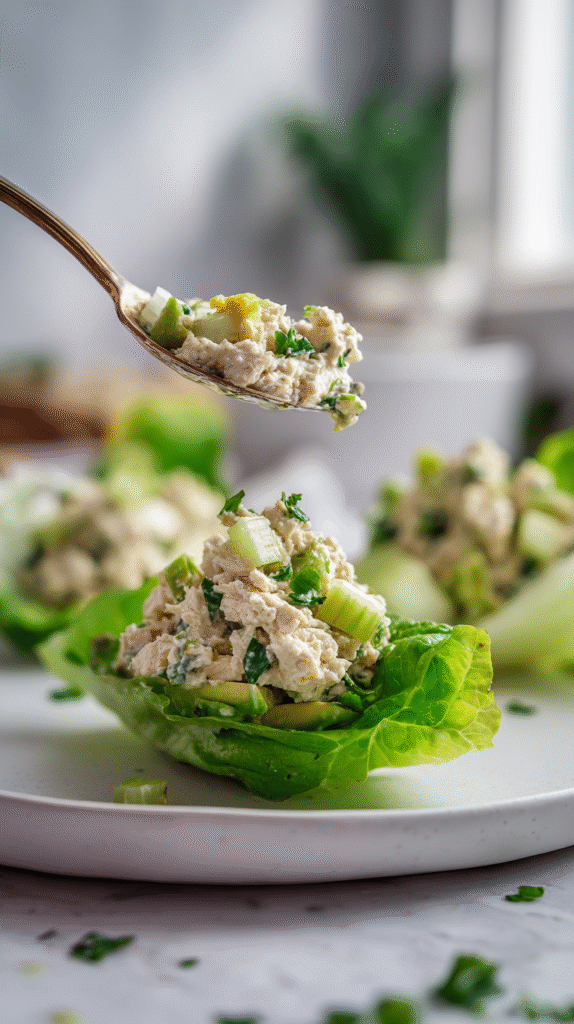 keto tuna salad spooned into lettuce wraps