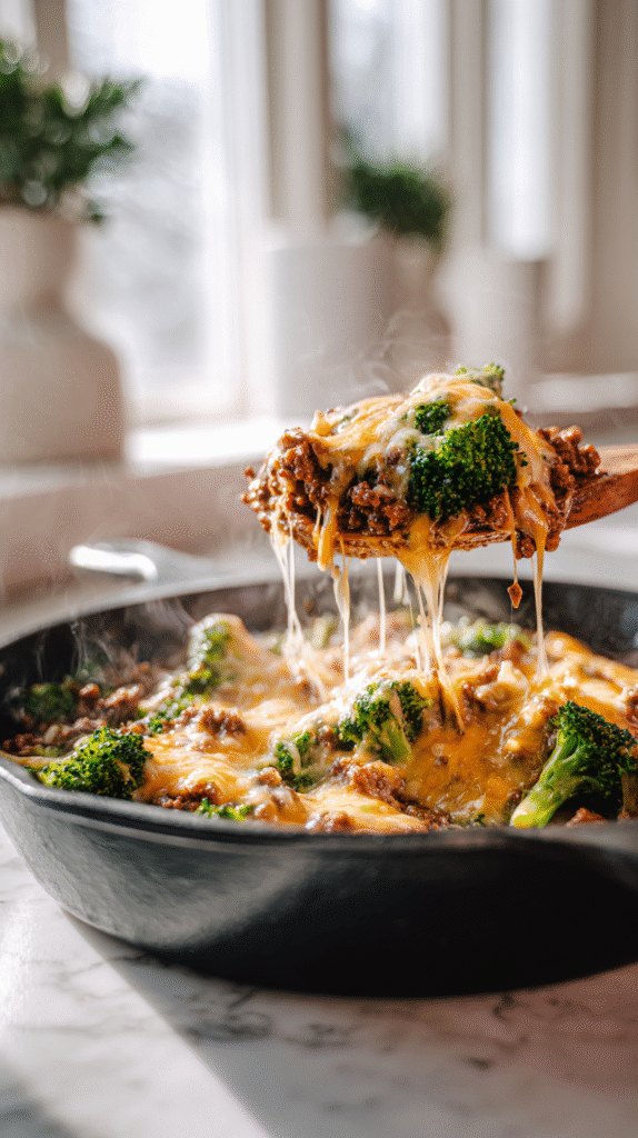 melted cheese over beef and broccoli in keto hamburger skillet