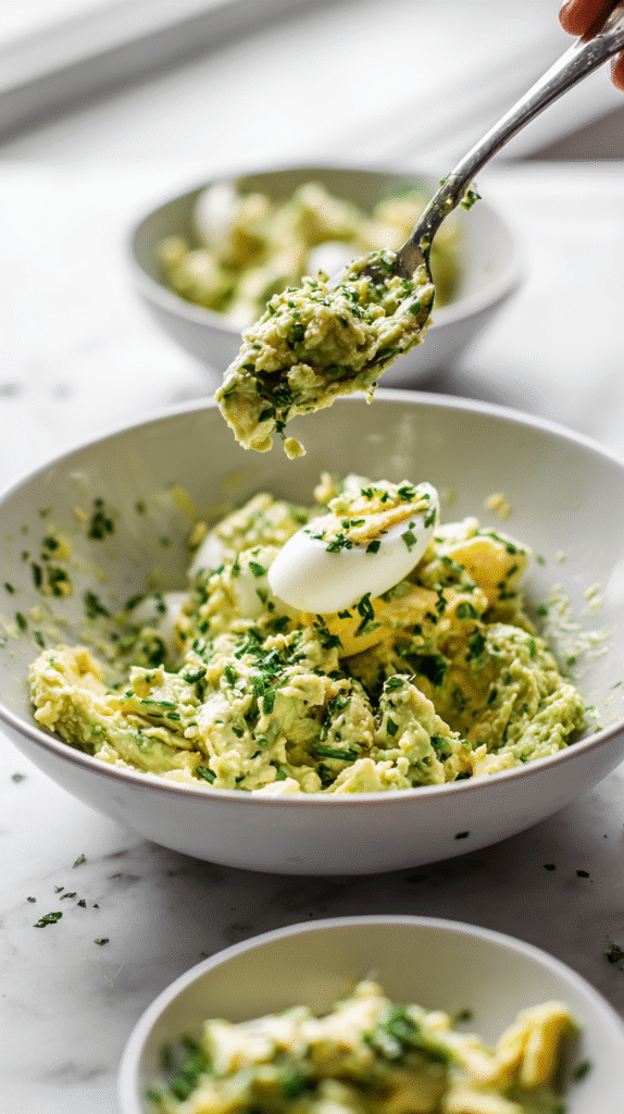 mixing chopped eggs into avocado for creamy avocado egg salad