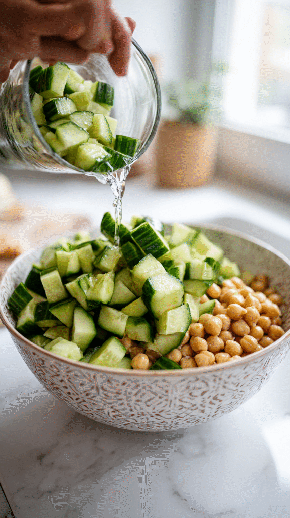 mixing cucumbers and chickpeas in a bowl for salad