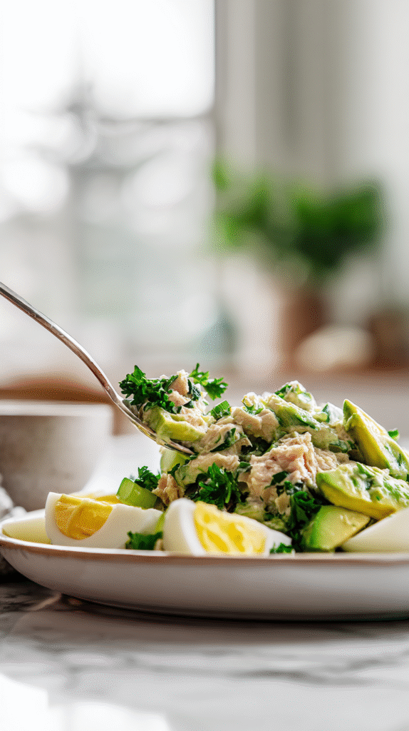 mixing keto tuna salad ingredients in bowl