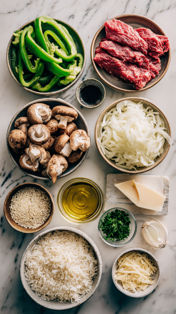 philly cheesesteak bowls ingredients flat lay with ribeye and provolone