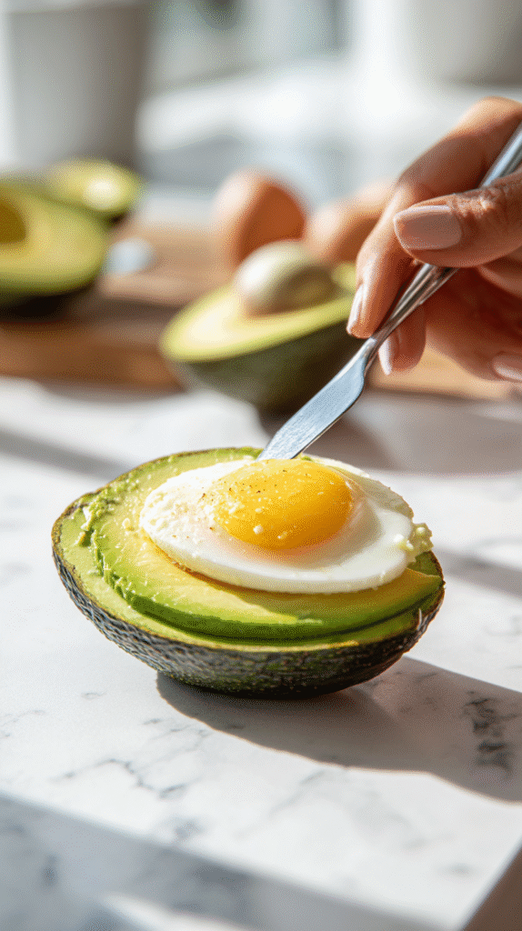 preparing keto avocado egg by cutting and scooping