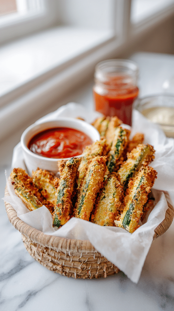 serving basket of baked zucchini fries with dipping sauces