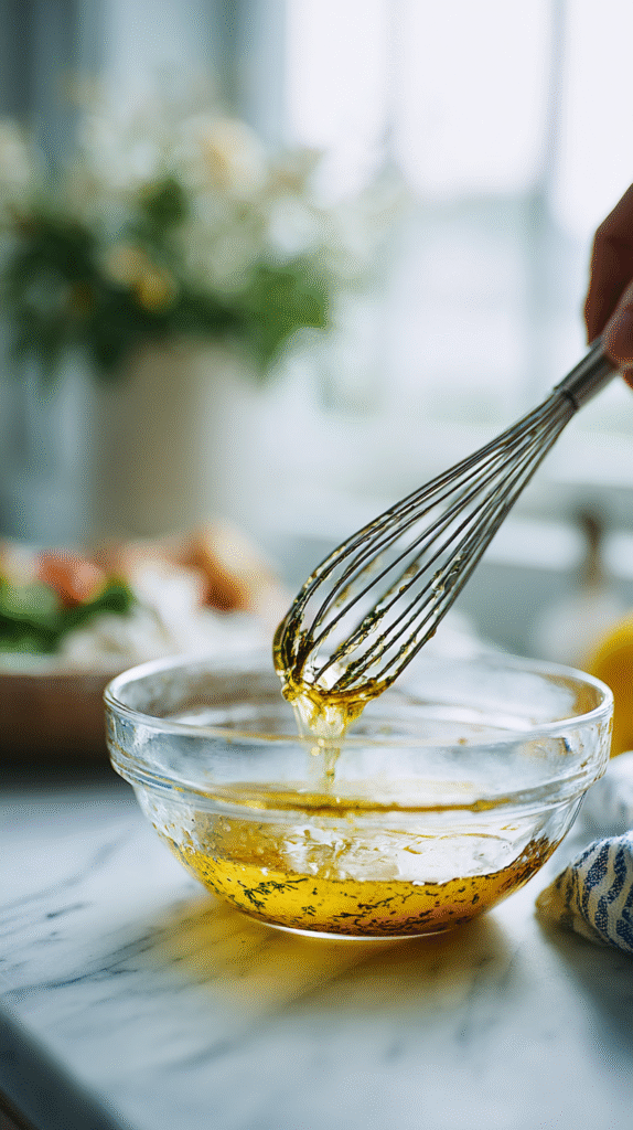 tossing chickpea cucumber feta salad in a bowl
