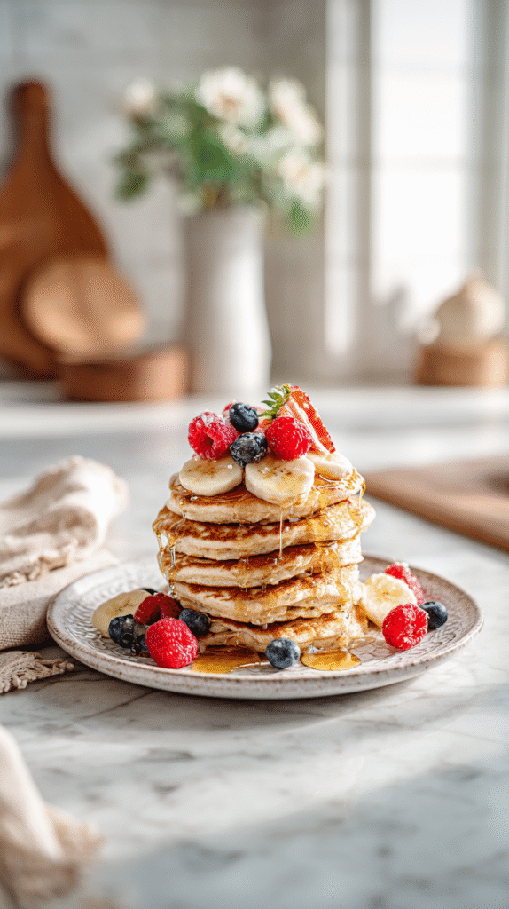 serving high-protein cottage cheese pancakes with fruit and syrup