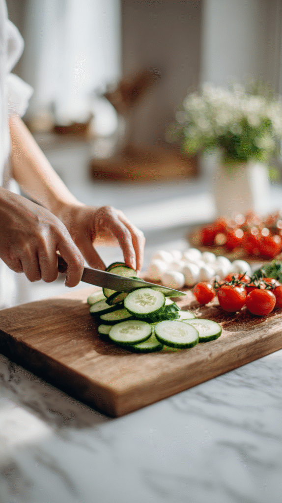 slicing cucumbers for cucumber Caprese salad prep