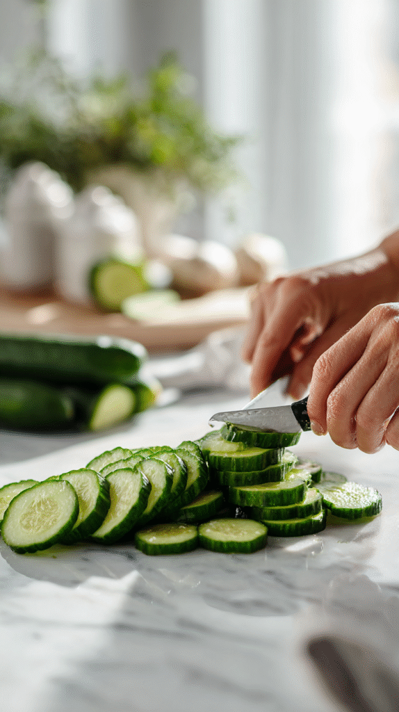 slicing cucumbers for feta and cucumber delight