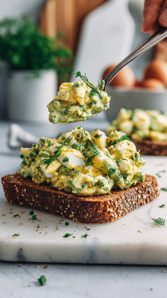 spooning creamy avocado egg salad onto toasted bread