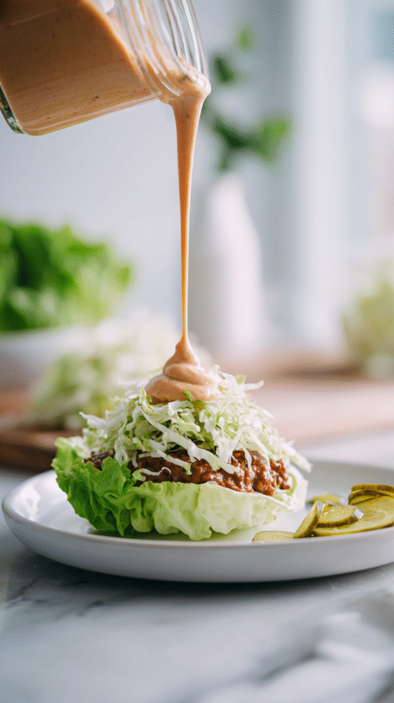 spreading big mac sauce lettuce wrap keto burger