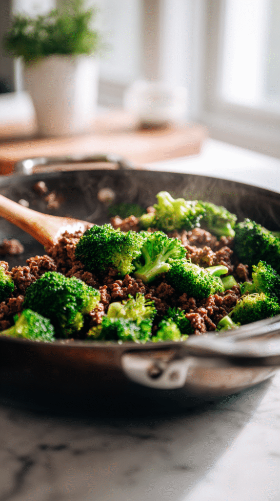 stirring broccoli into ground beef for keto hamburger broccoli skillet