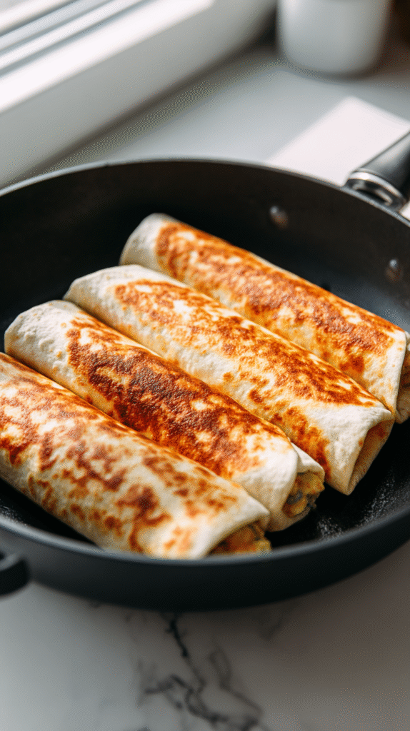 toasting chicken avocado burritos in skillet