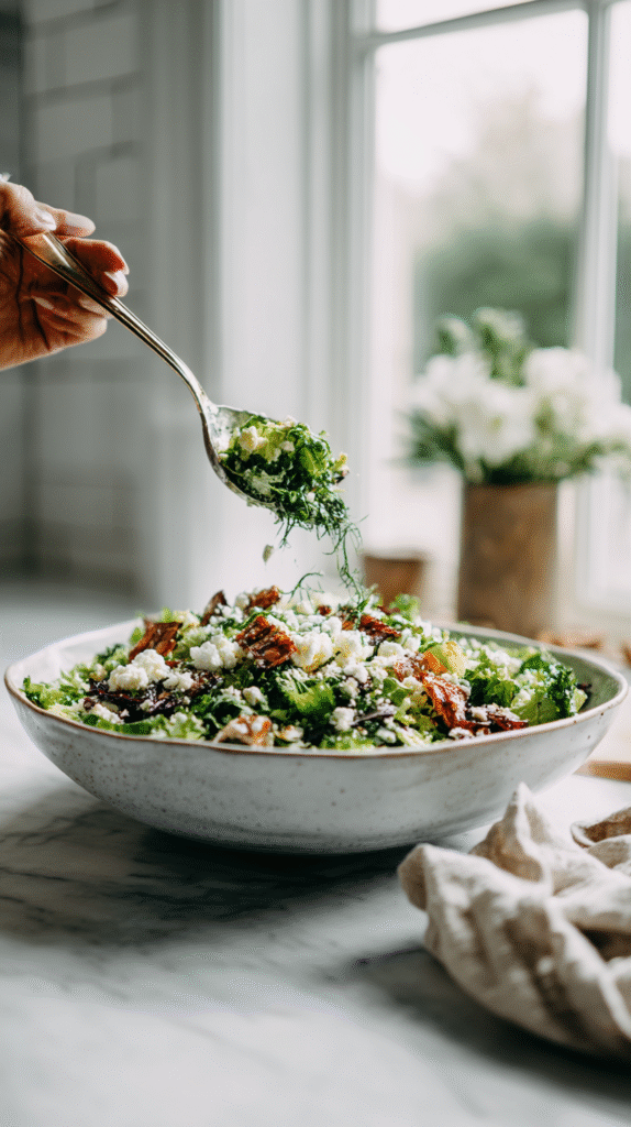 tossing chickpea cucumber feta salad in a bowl