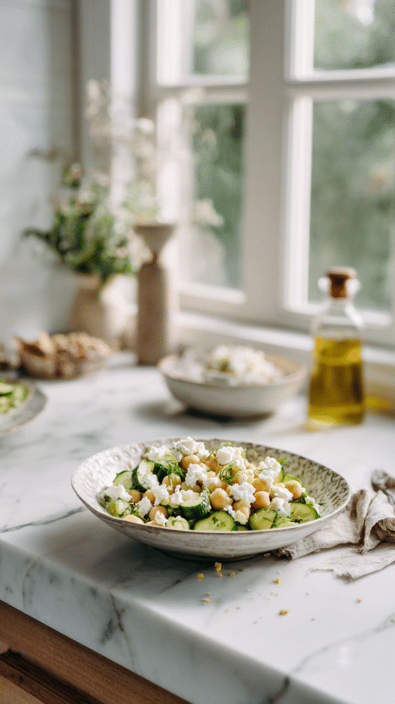 serving chickpea cucumber feta salad in bowls