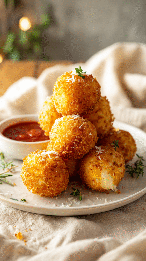 Crispy Cheese Balls elegantly plated with fresh herbs.