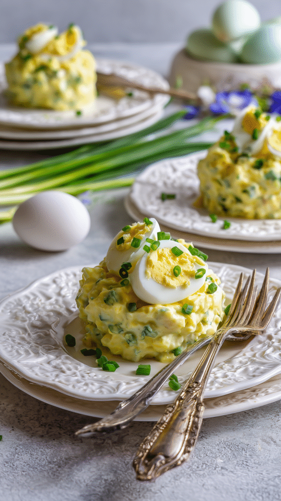 Keto Deviled Egg Salad being served on beautiful dinnerware