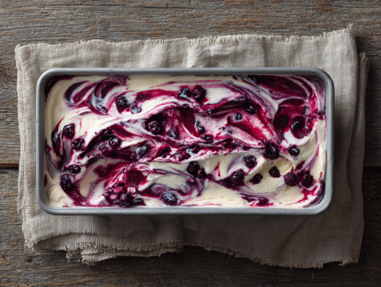 Blueberry and vanilla swirl ice cream in loaf pan
