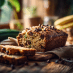 Chocolate chip zucchini banana bread loaf on wooden table