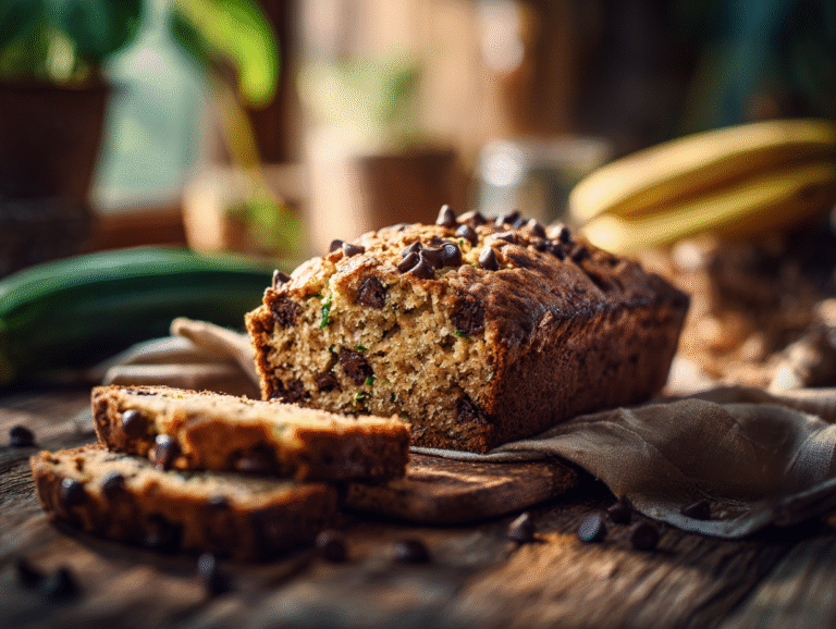 Chocolate chip zucchini banana bread loaf on wooden table