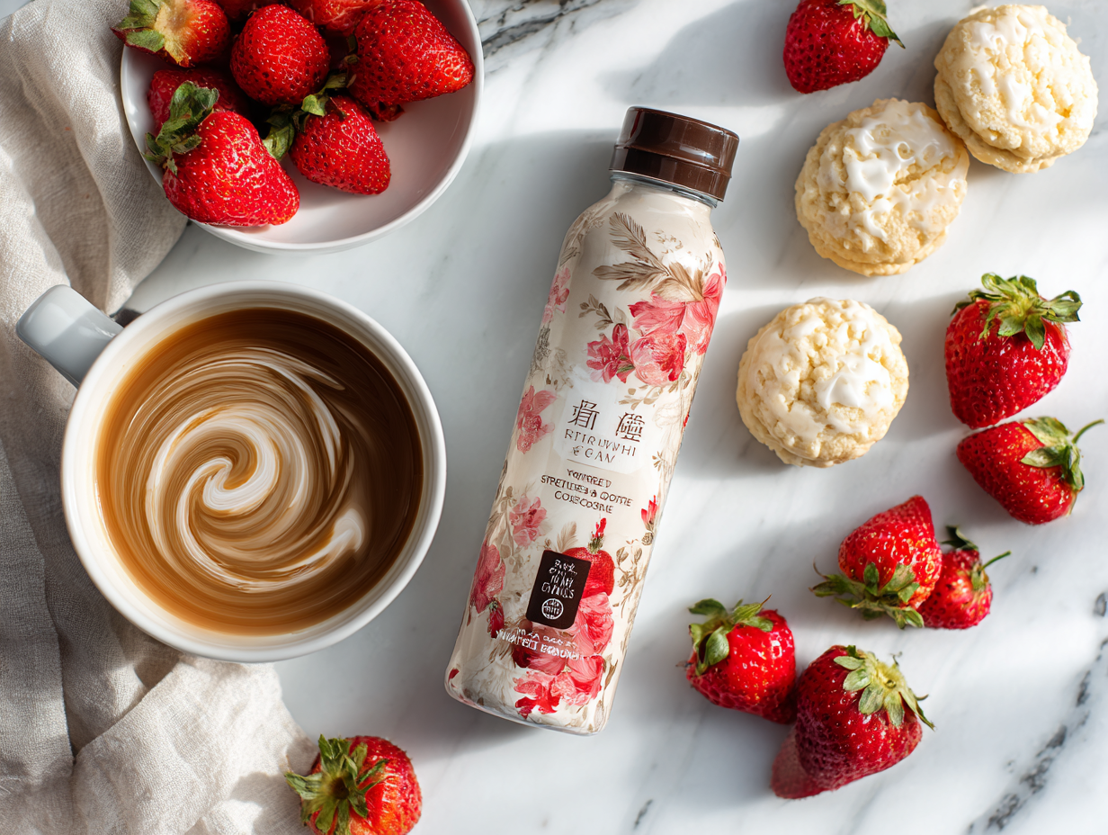 Strawberry Shortcake Coffee Creamer in a bottle with coffee and berries
