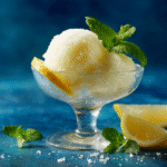 Low Carb Lemon Sorbet in glass bowl with mint