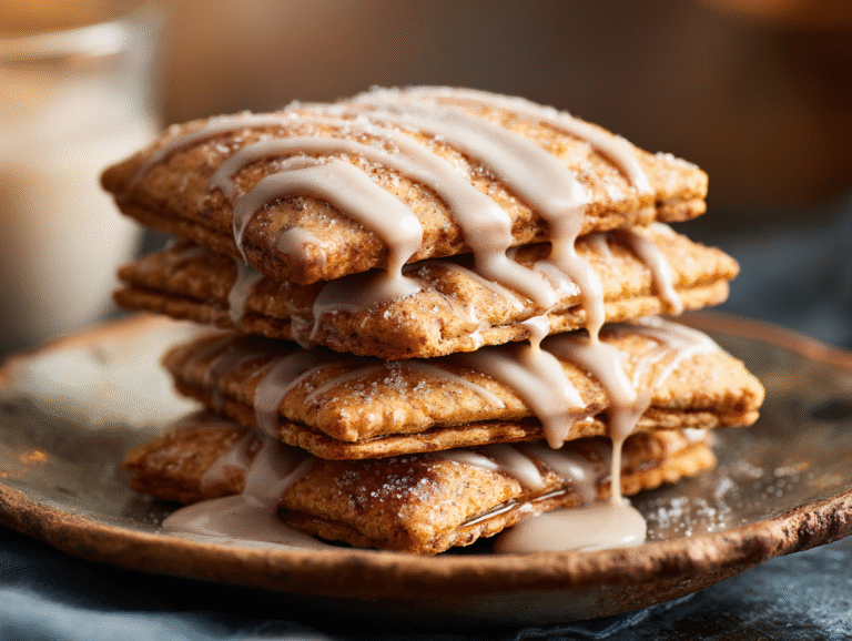 Brown Sugar Pop Tart Cookies on plate with cinnamon glaze