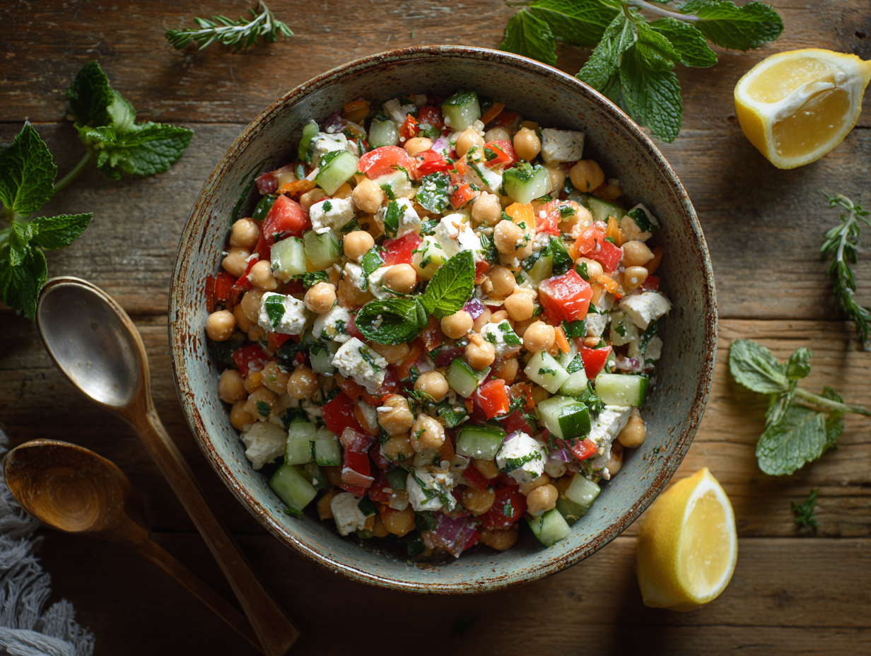 Cottage Cheese and Chickpea Salad served with lemon and herbs