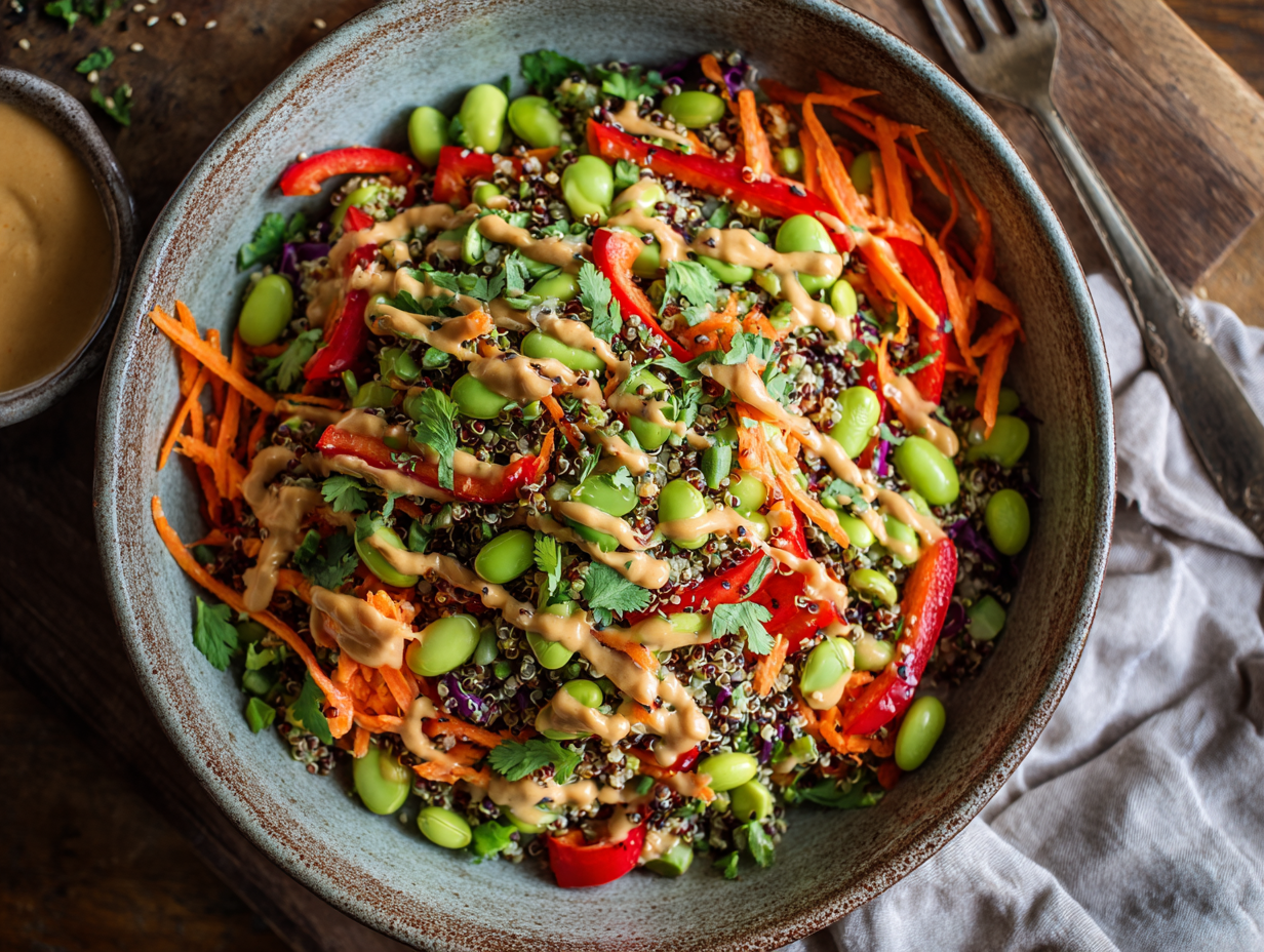 High protein Thai quinoa salad with edamame and peanut dressing
