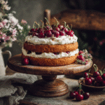 Cake with Cherries and Cream: A Dreamy, Fluffy Classic That Tastes Like Summer 9 Vintage cherry and cream cake on rustic stand