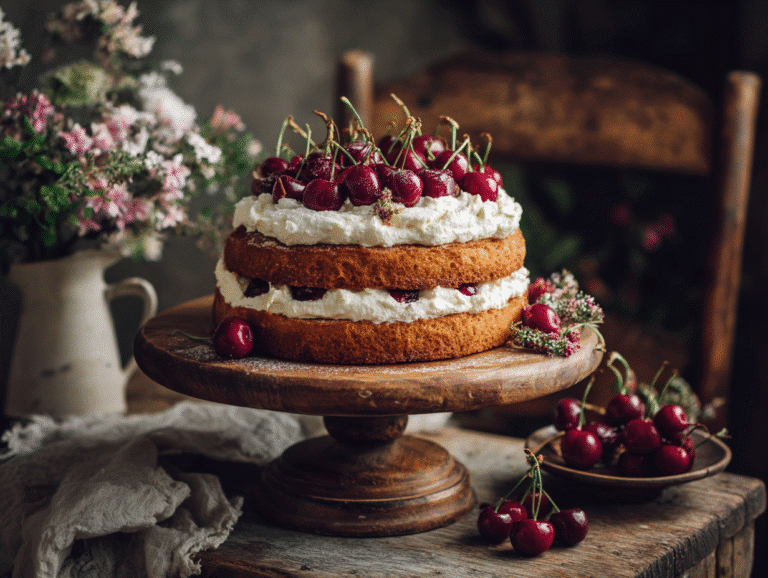 Vintage cherry and cream cake on rustic stand