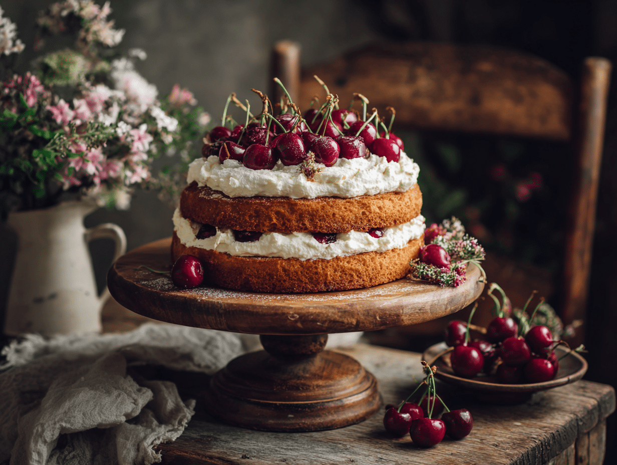 Vintage cherry and cream cake on rustic stand