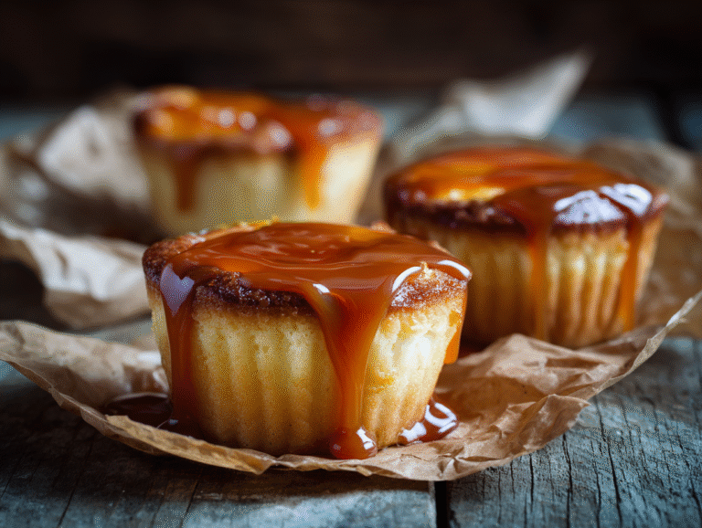 Velvety caramel flan muffins with golden caramel glaze