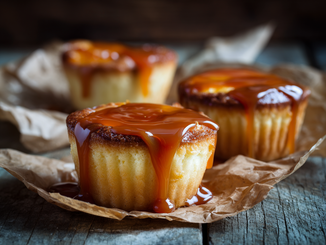 Velvety caramel flan muffins with golden caramel glaze