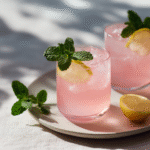 Pink salt trick weight loss drink with lemon on white ceramic plate