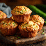 Moist banana zucchini muffins stacked on board