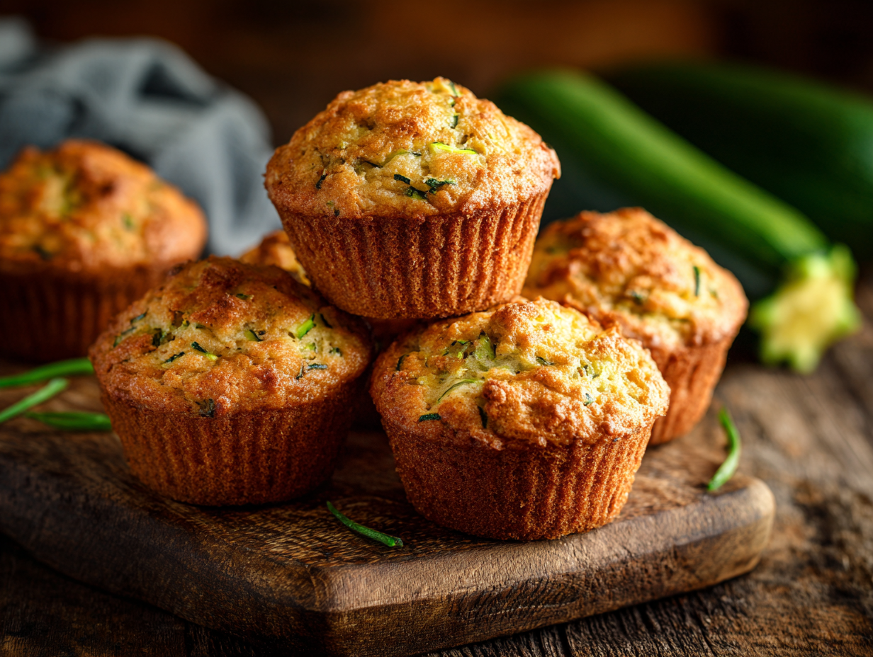 Moist banana zucchini muffins stacked on board