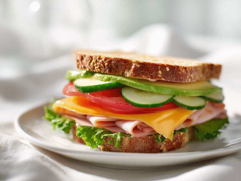 Knob Sandwich (Hearty Lunch Idea) 15 Knob sandwich on white ceramic plate with fresh halal ingredients