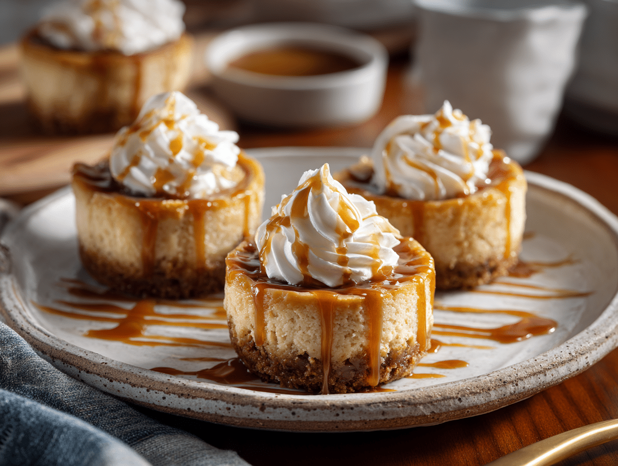 Mini dulce de leche cheesecakes with caramel drizzle