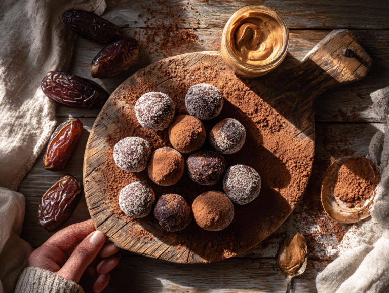 No bake brownie bites on wooden board with cocoa