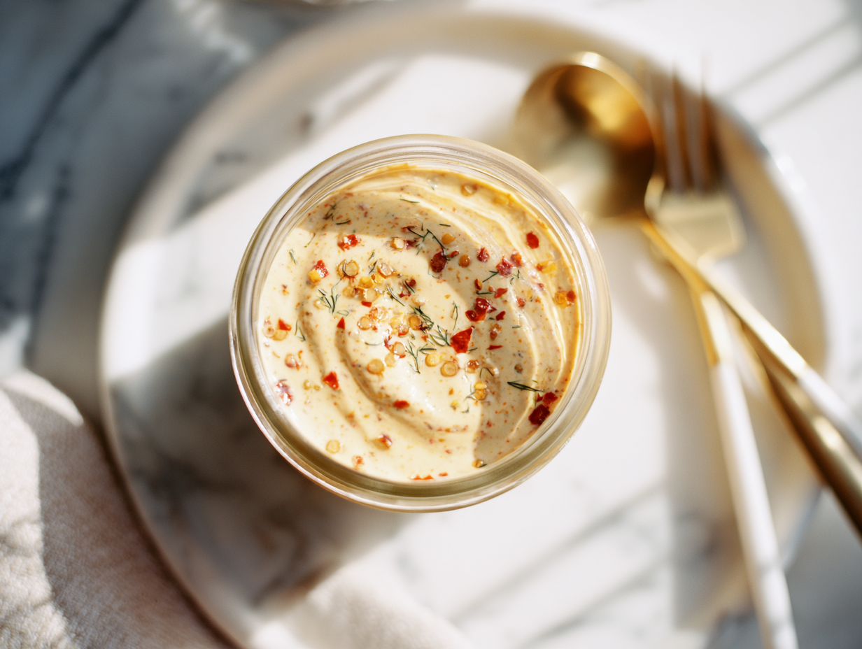 Tram Sauce in a jar with chili and herbs