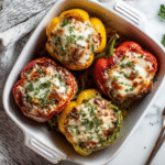 Costco stuffed pepper recipe in baking dish with melted cheese
