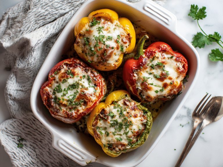 Costco stuffed pepper recipe in baking dish with melted cheese