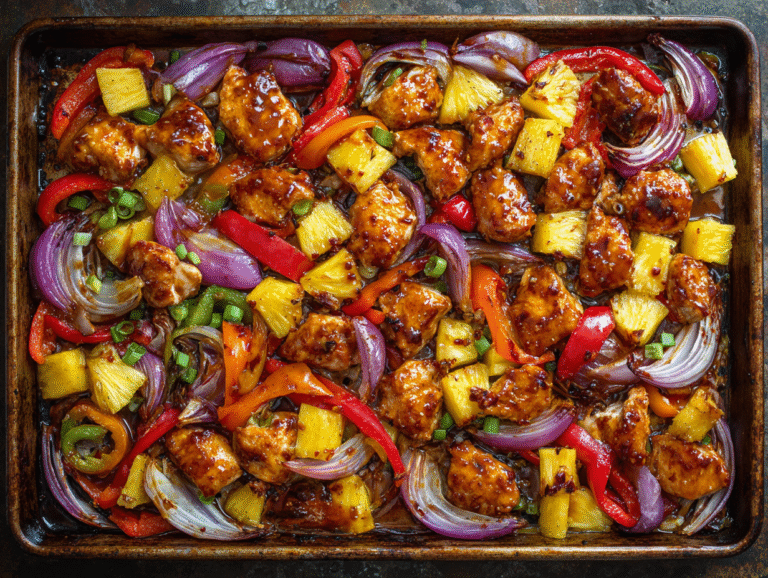 Hawaiian chicken sheet pan with pineapple and peppers