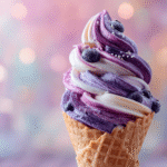 Scoop of blueberry vanilla swirl ice cream in cone