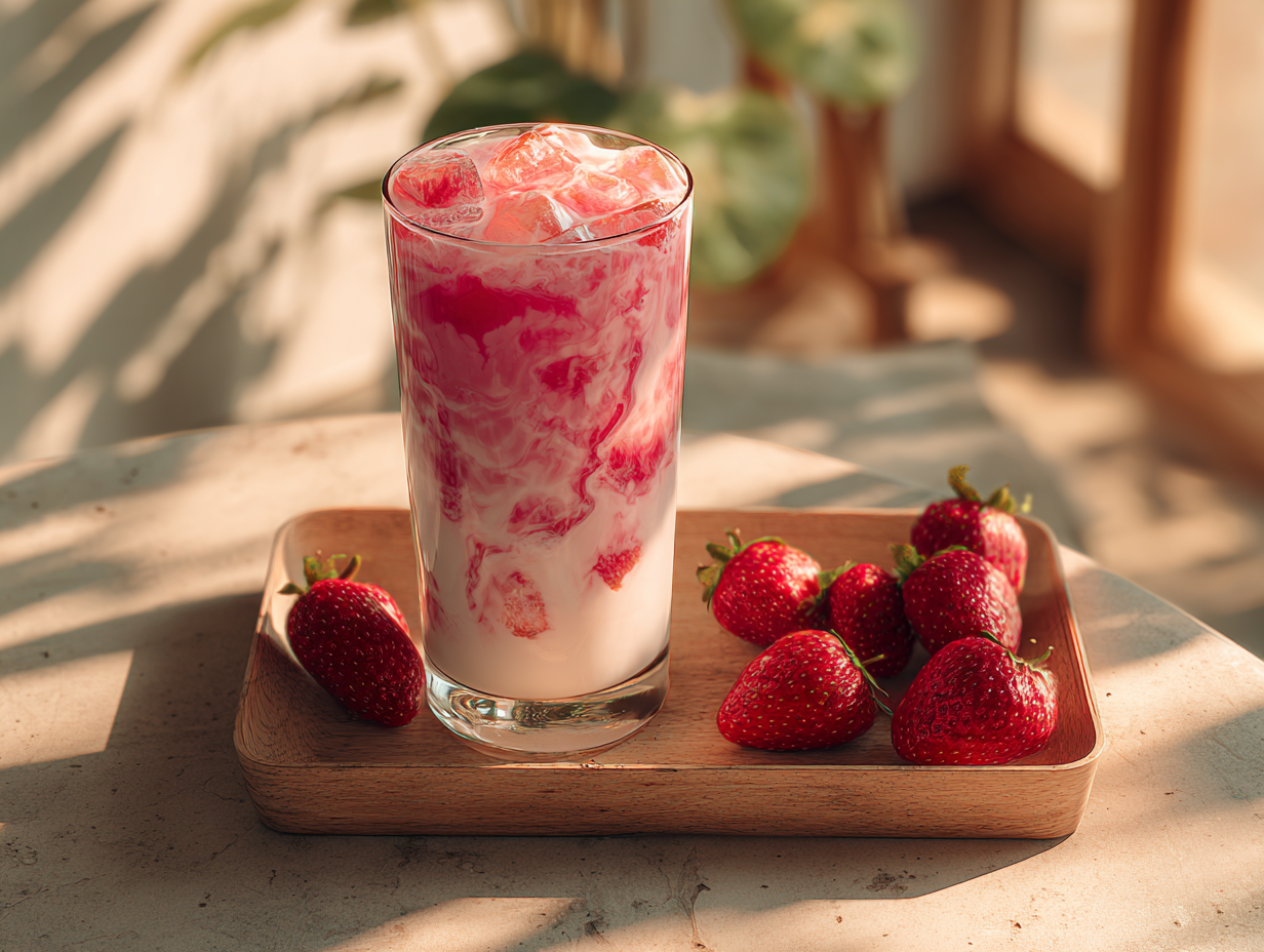 Korean strawberry milk in glass with layered strawberry and milk