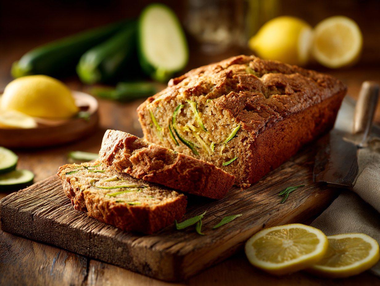 Moist lemon zucchini bread loaf with lemon slices