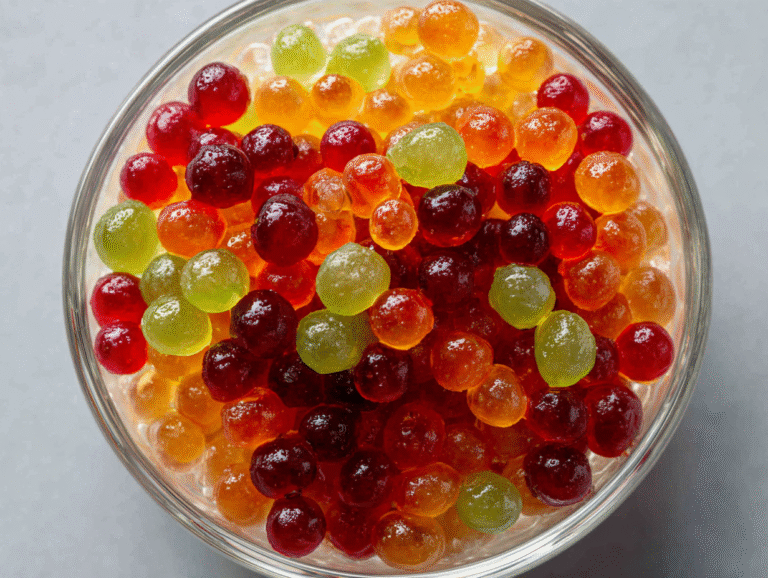 Zero carb fruit caviar in glass bowl